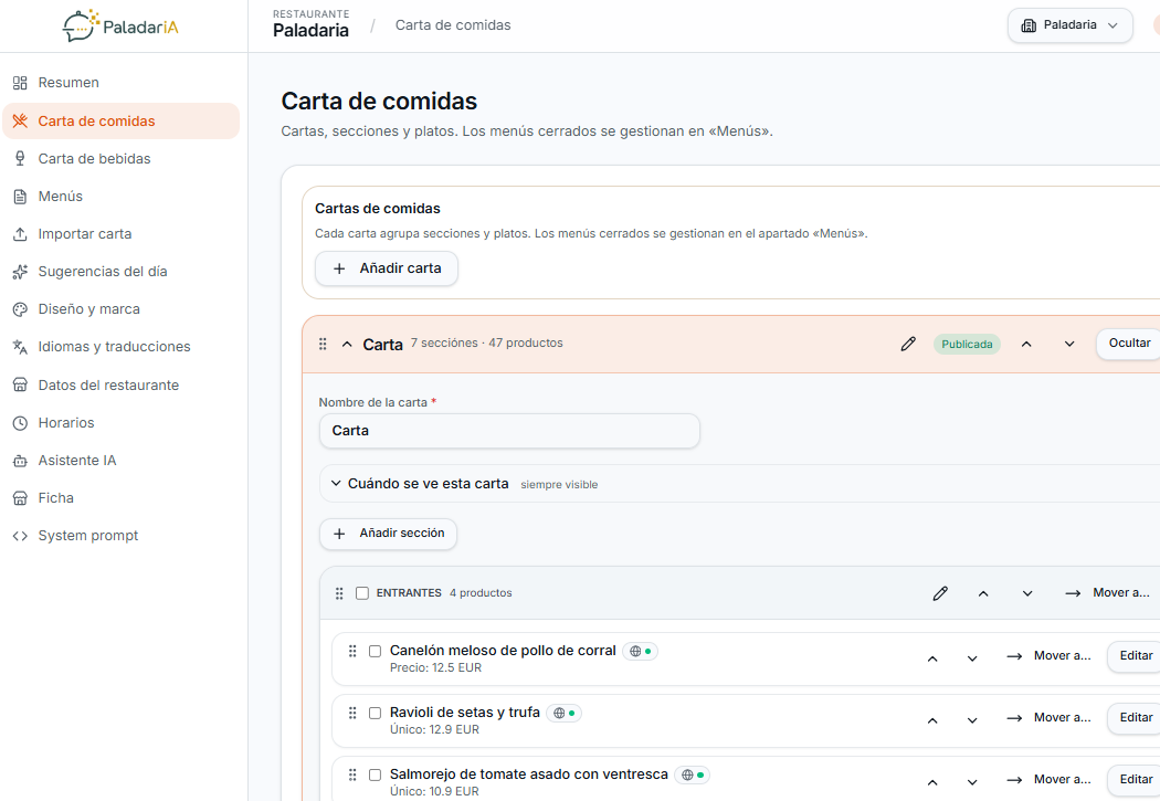 Panel de Paladaria: gestión de la carta de comidas con sus secciones y platos